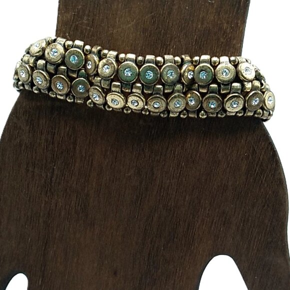 J. Crew Brushed Brass-tone Rhinestone Stretch Bracelet Signed - Picture 1 of 8